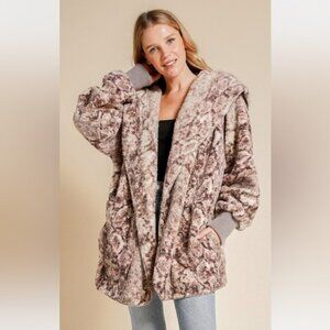 368. Oversized Hoodie Open Fur Cardigan Snake Print Mauve S, M & L NEW Item NWT